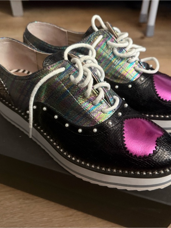 Betsey Johnson Shoes - Betsey Johnson Black Holographic Platform Oxfords with Pink Heart
